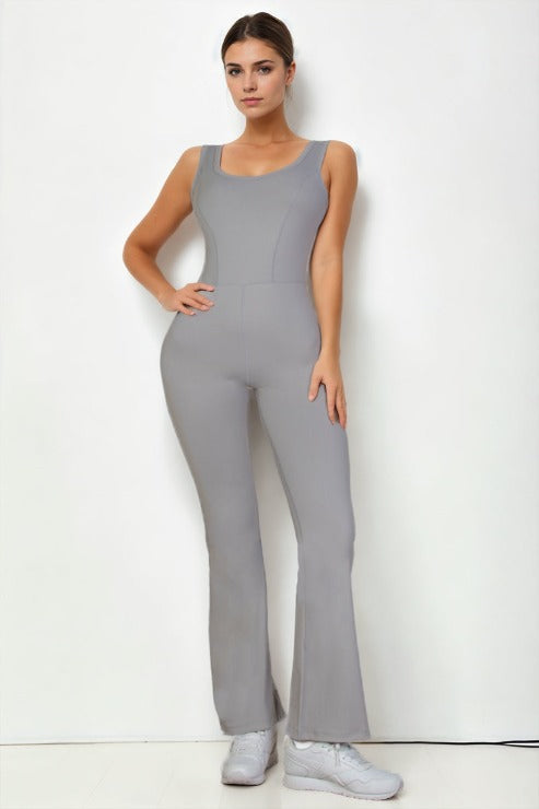 Solid Flare Leg Sports Jumpsuit