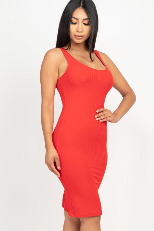 Ribbed Back Slit Bodycon Midi Dress