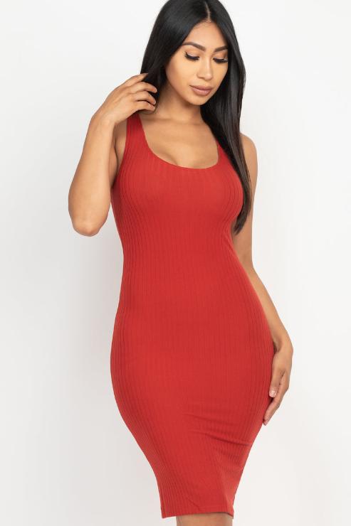Ribbed Back Slit Bodycon Midi Dress
