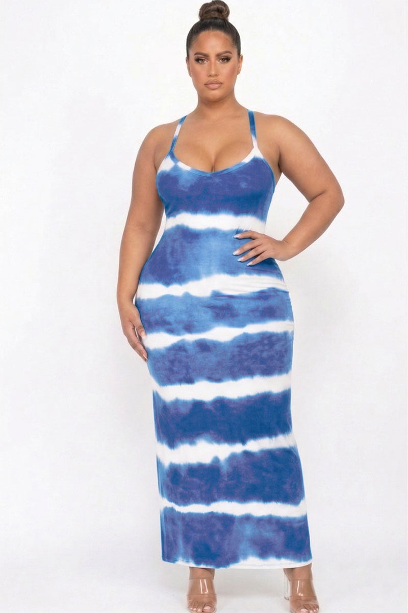 Plus Size Stripe Tie-Dye Printed Maxi Dress