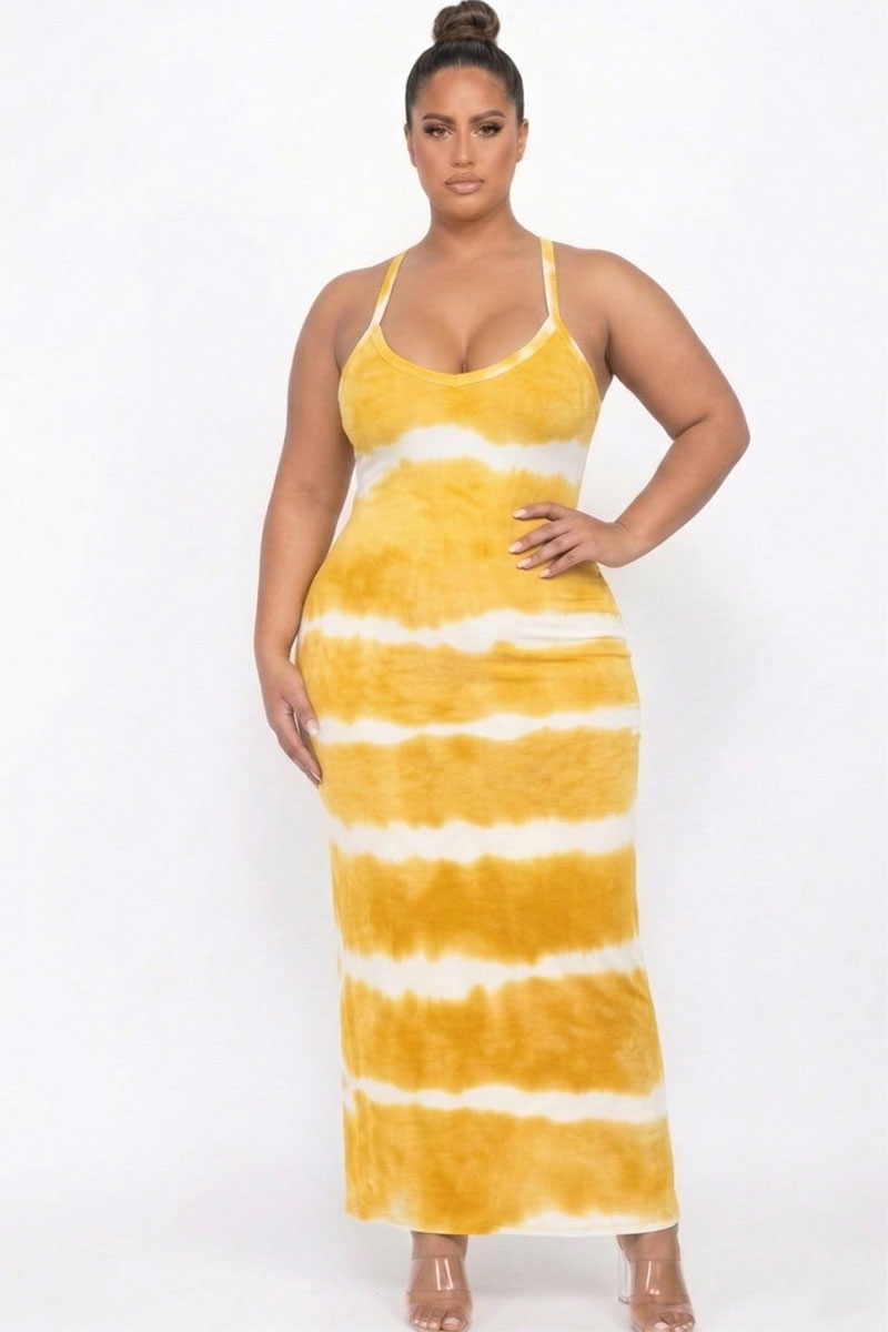 Plus Size Stripe Tie-Dye Printed Maxi Dress