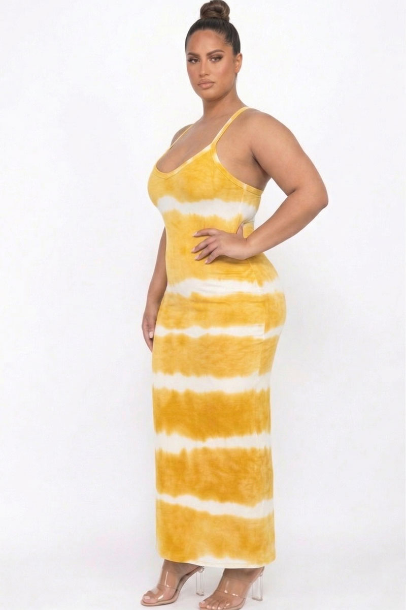 Plus Size Stripe Tie-Dye Printed Maxi Dress