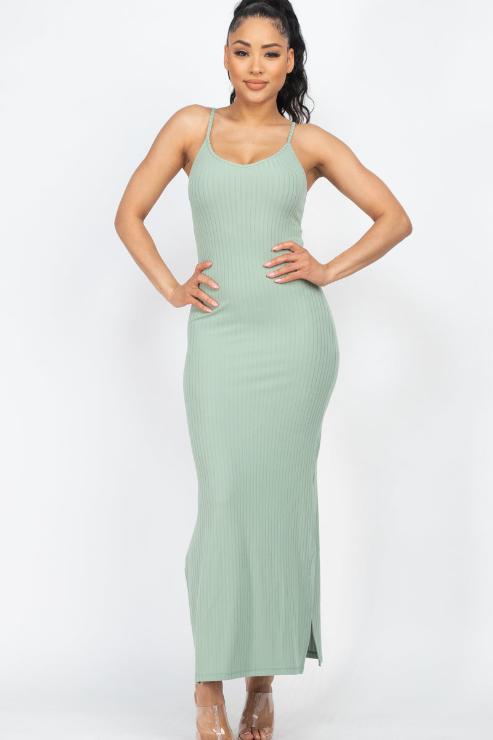 Ribbed Side Slit Long Cami Dress