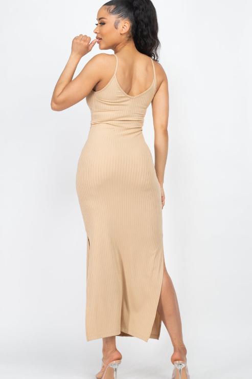 Ribbed Side Slit Long Cami Dress