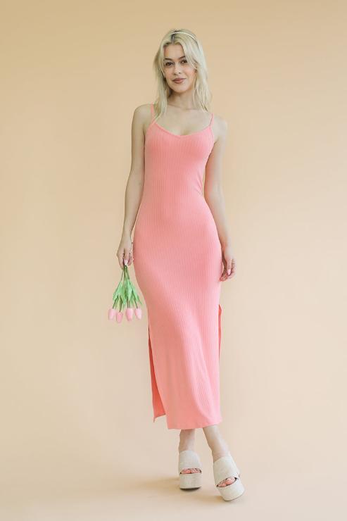 Ribbed Side Slit Long Cami Dress