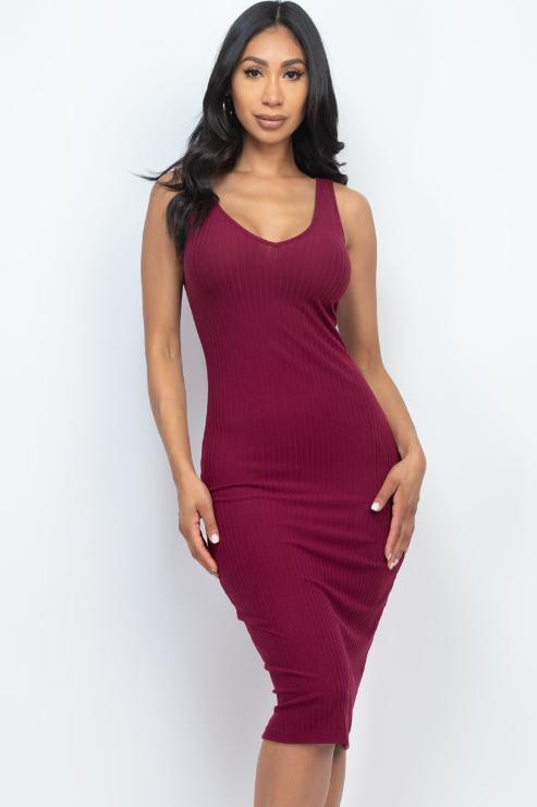 Ribbed Back Slit Bodycon Midi Dress