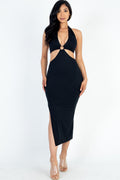 Cut-out Halter Neck Double Back Tie Split Midi Dress