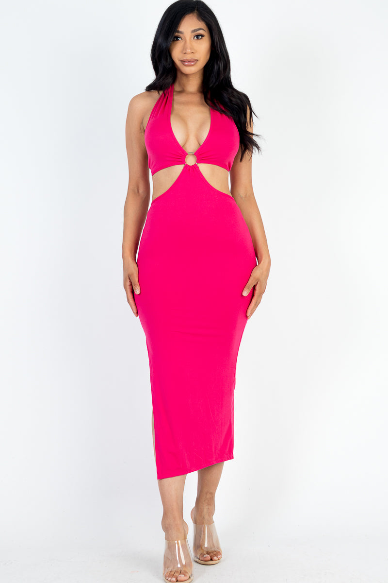 Cut-out Halter Neck Double Back Tie Split Midi Dress