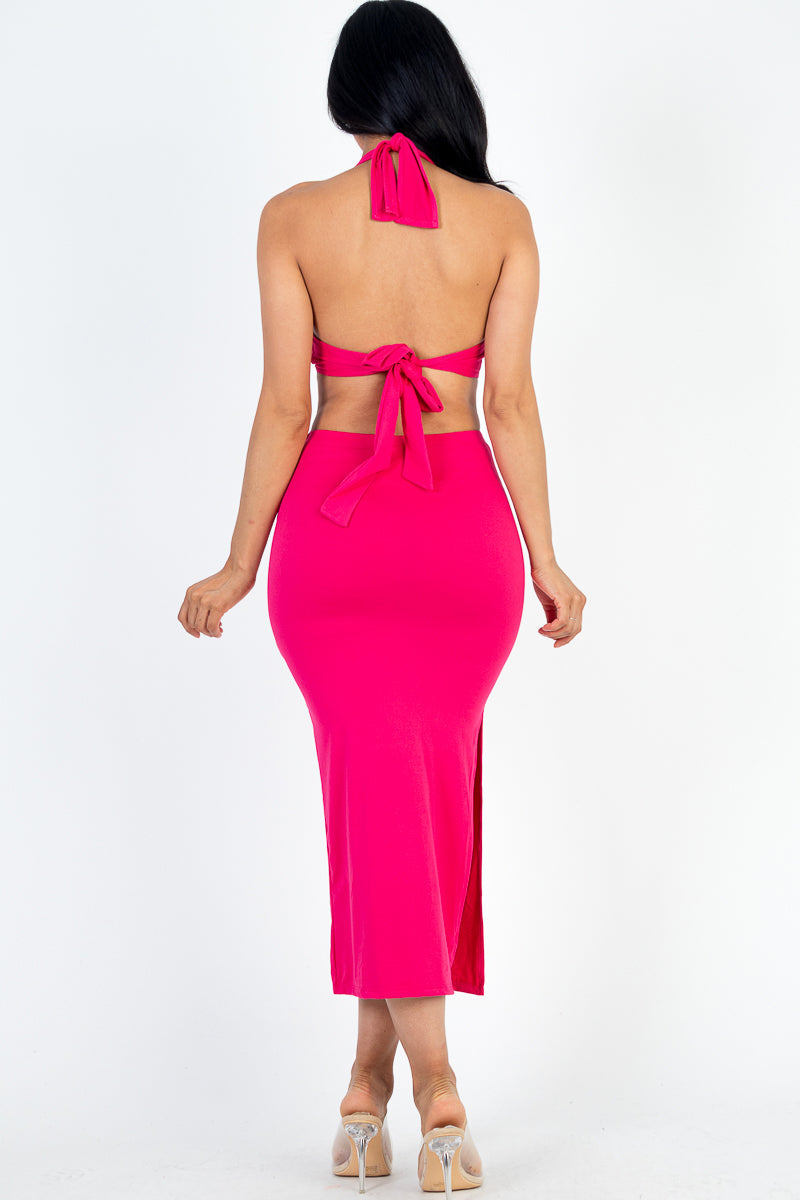 Cut-out Halter Neck Double Back Tie Split Midi Dress