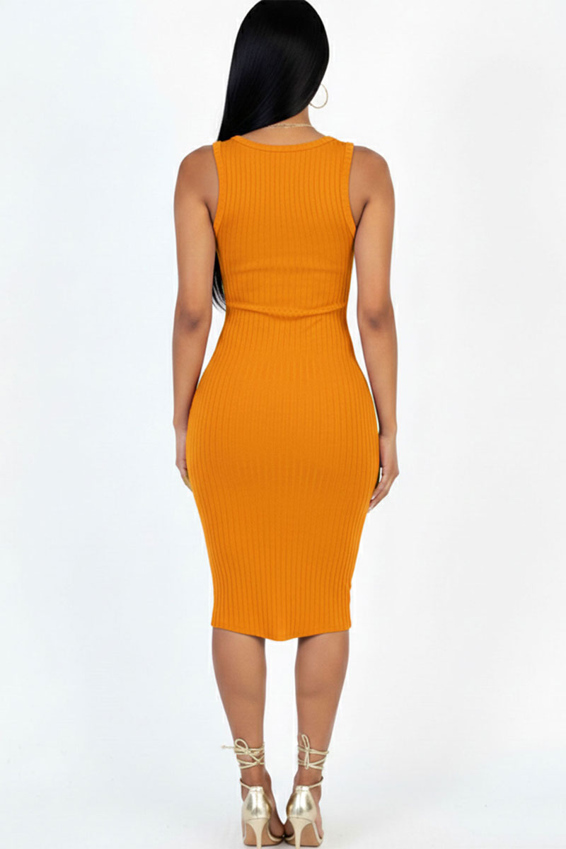 Casual Ribbed Split Neck Bodycon Dress