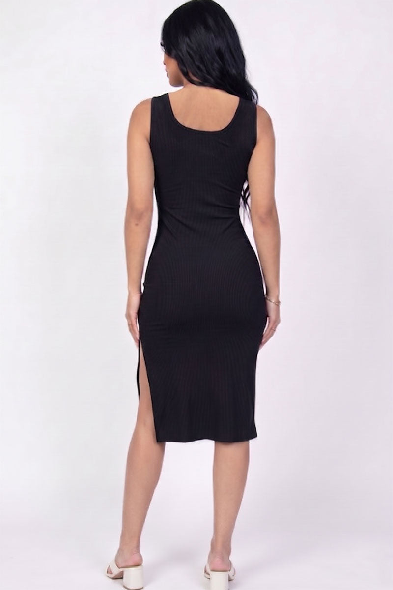 Flat Back Rib Sleeveless Tank Side Slit Bodycon Dress