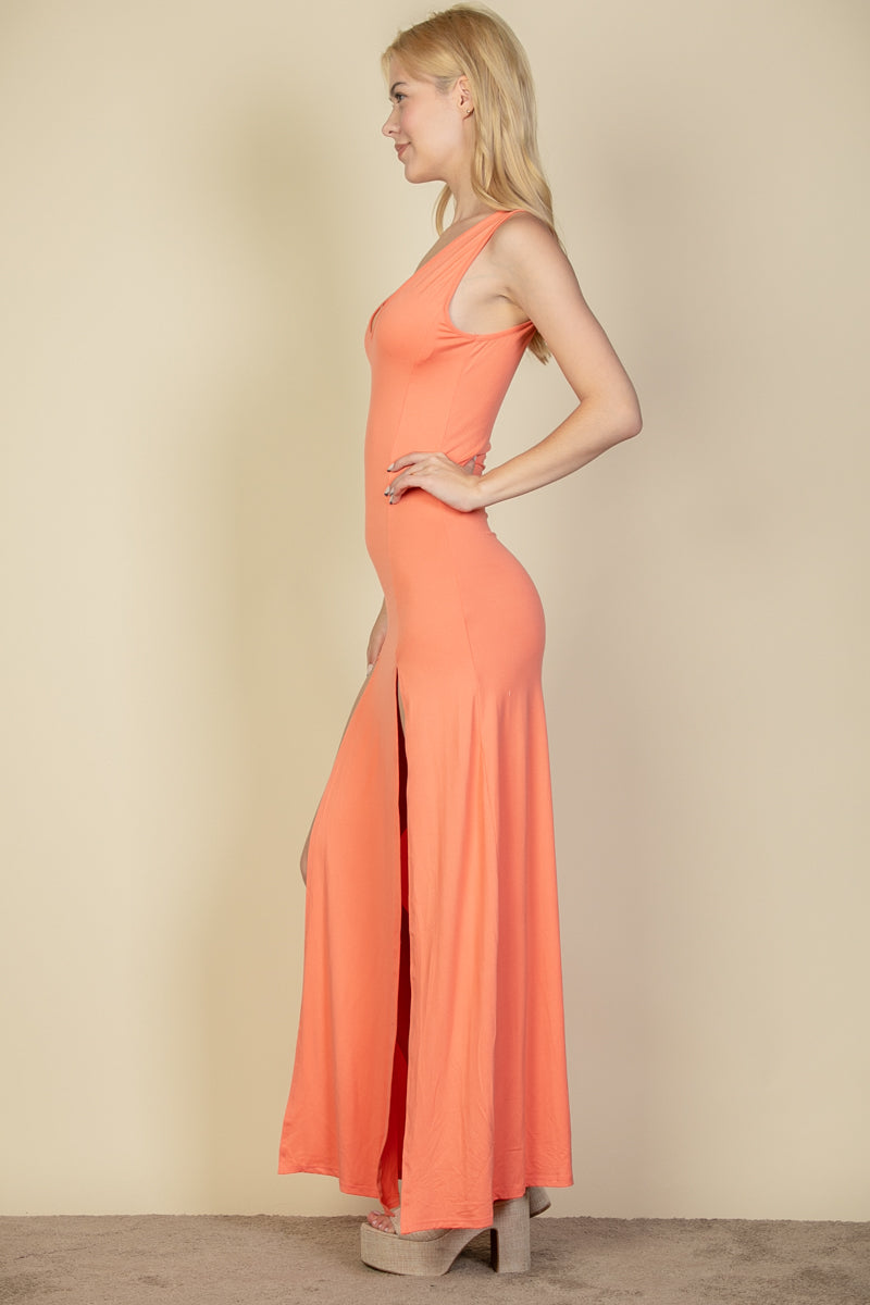 Plunge Neck Thigh Split Maxi Dress