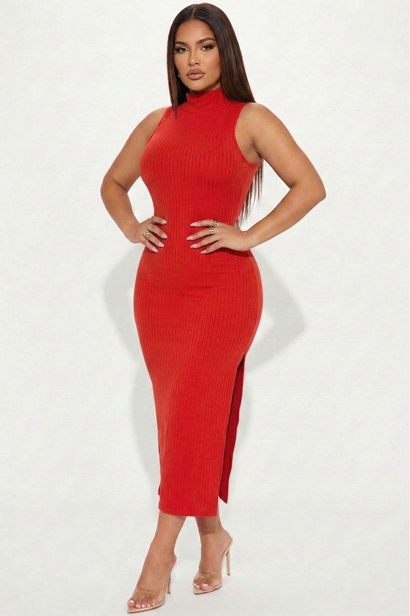 Ribbed Mock Neck Side Slit Sleeveless Bodycon Maxi Dress