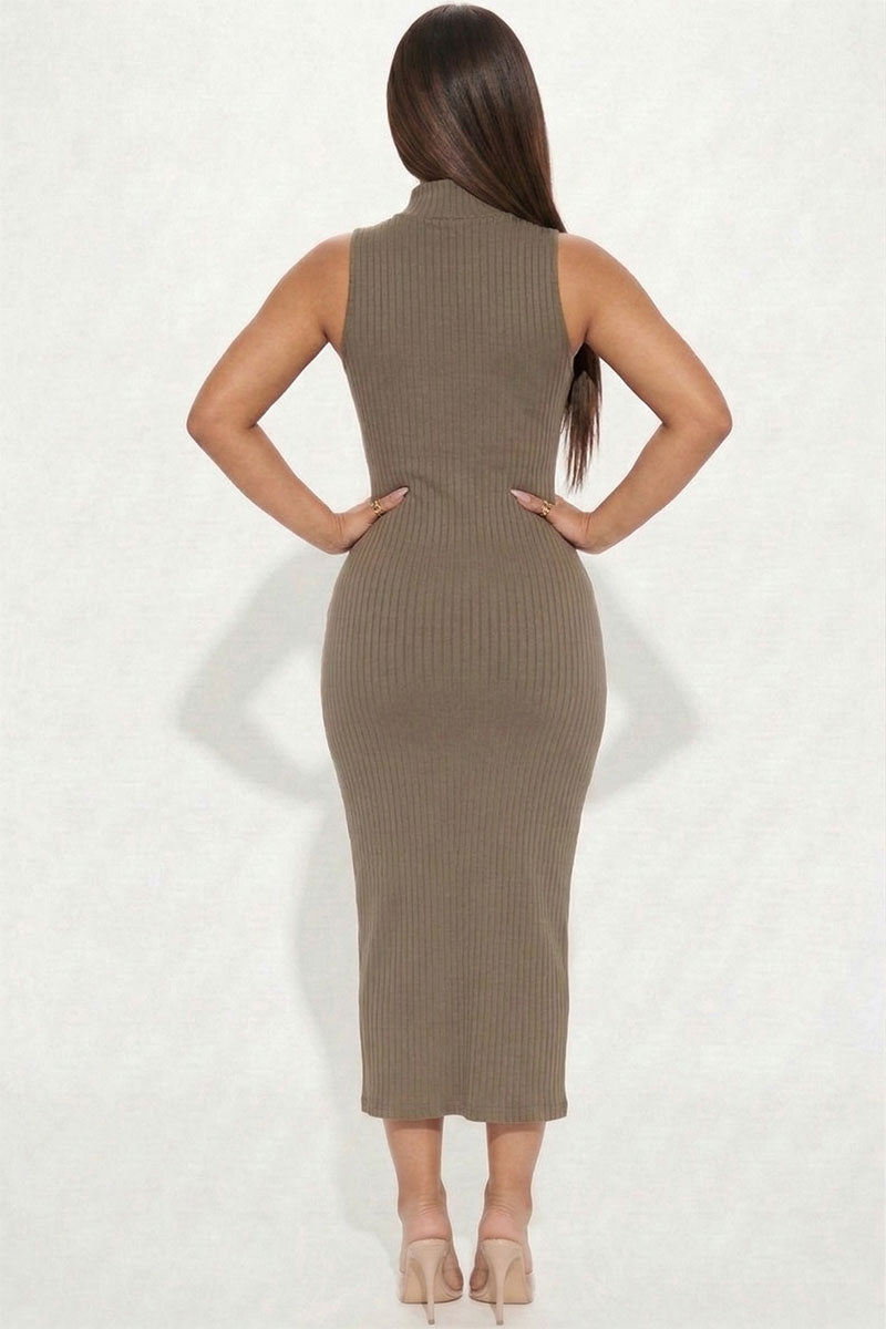 Ribbed Mock Neck Side Slit Sleeveless Bodycon Maxi Dress
