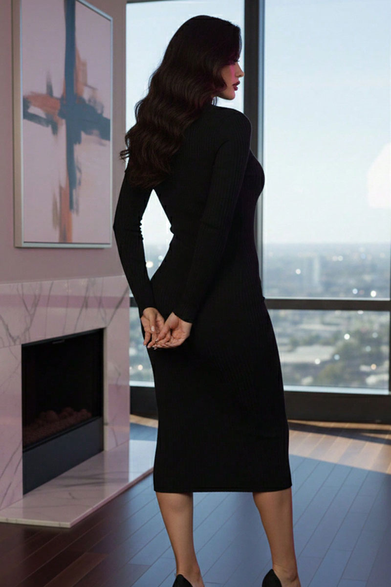 Ribbed Mock Neck Long Sleeve Bodycon Midi Dress