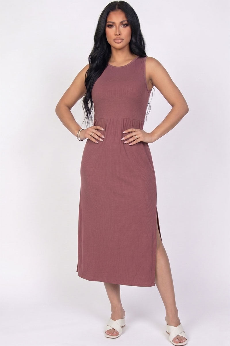 Ribbed Side Slit Tank Midi Dress