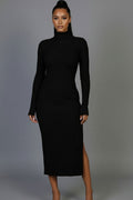 Sweater-Knit Fuzzy Turtle Neck Split Thigh Dress