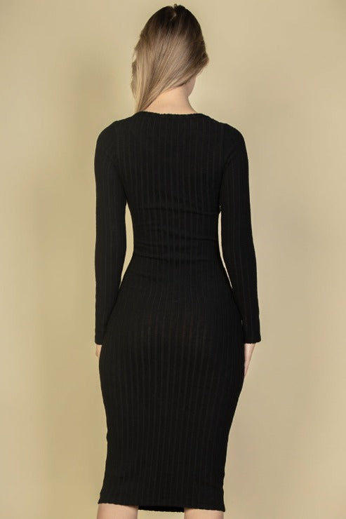 Sweater-Knit Fuzzy V Neck Bodycon Dress