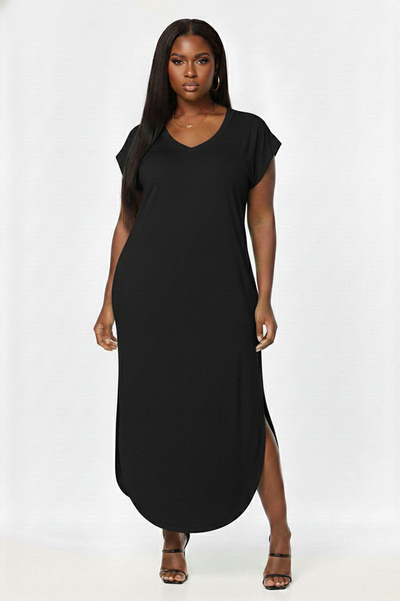 Plus Size Hidden Pocket Batwing Sleeve V Neck Long Dress