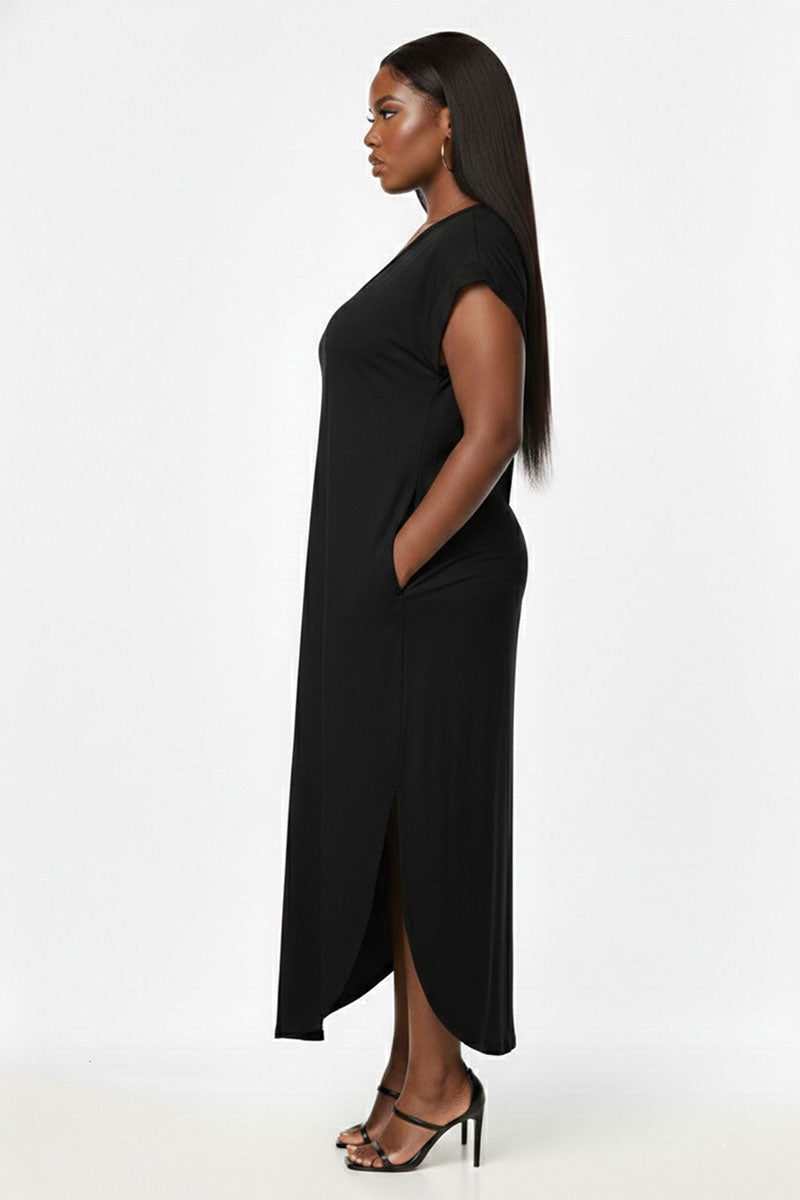 Plus Size Hidden Pocket Batwing Sleeve V Neck Long Dress