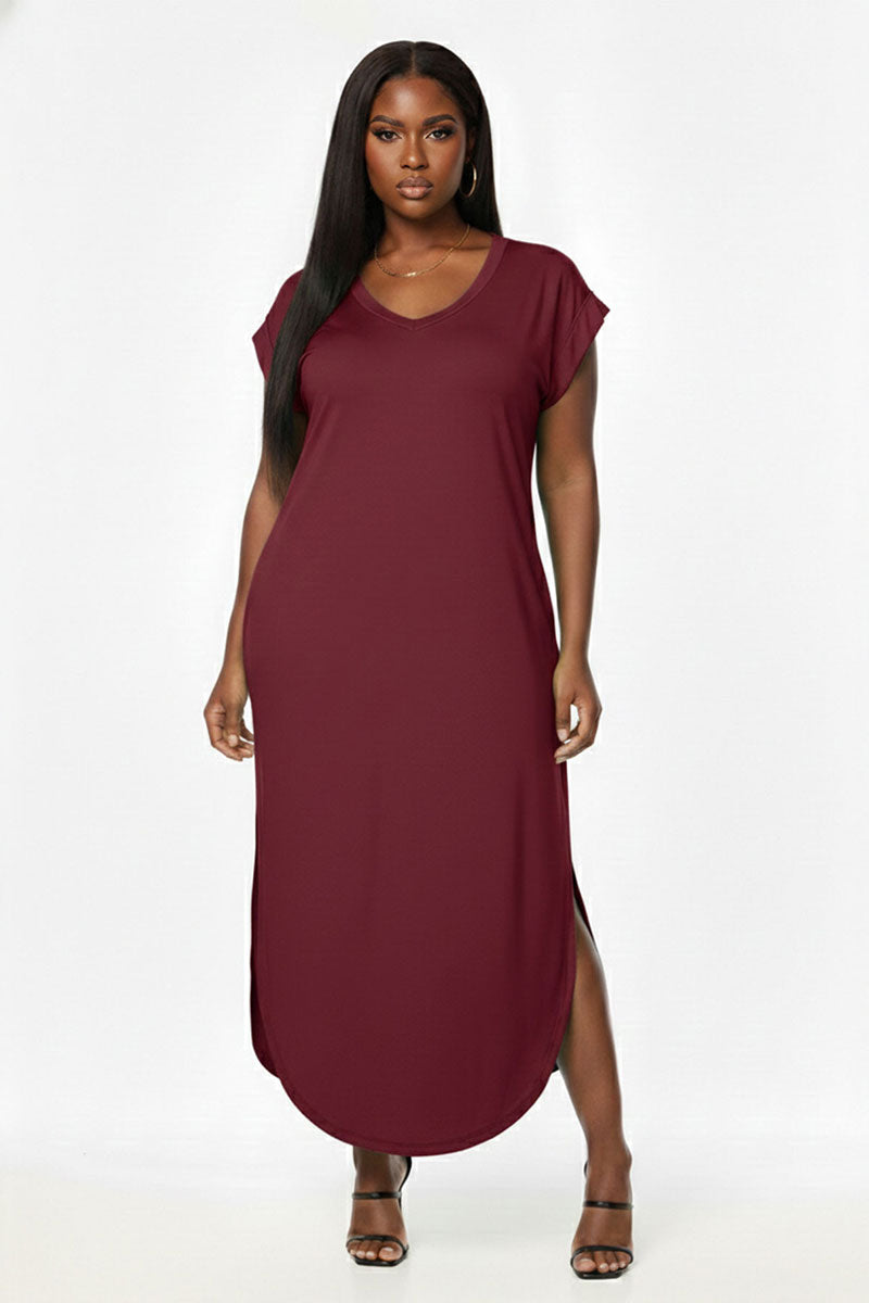 Plus Size Hidden Pocket Batwing Sleeve V Neck Long Dress