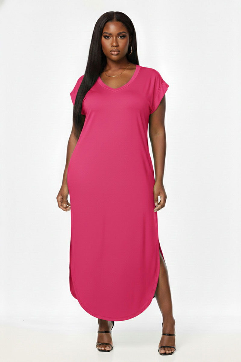 Plus Size Hidden Pocket Batwing Sleeve V Neck Long Dress