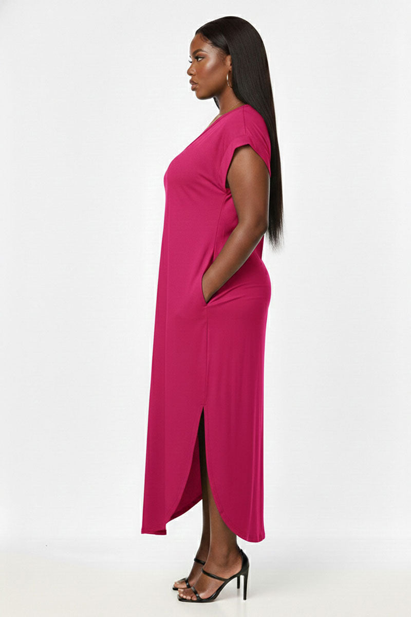Plus Size Hidden Pocket Batwing Sleeve V Neck Long Dress