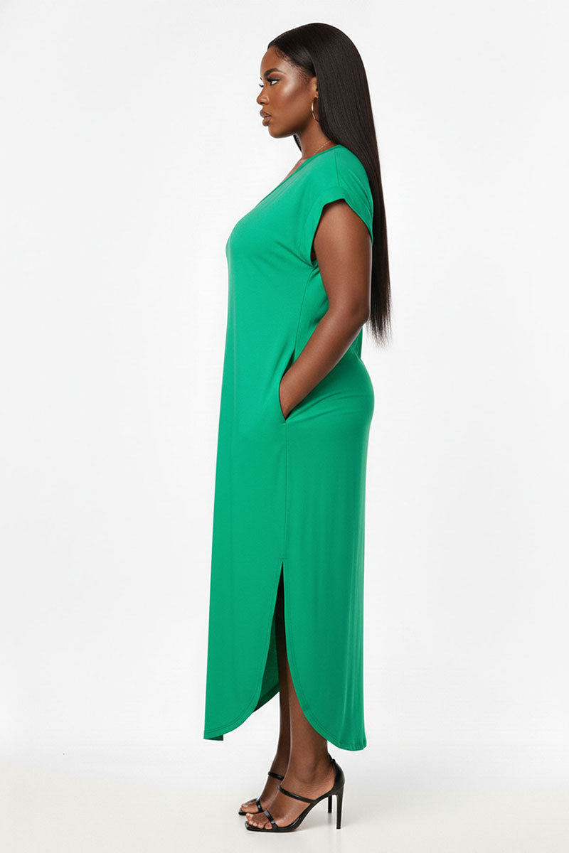 Plus Size Hidden Pocket Batwing Sleeve V Neck Long Dress