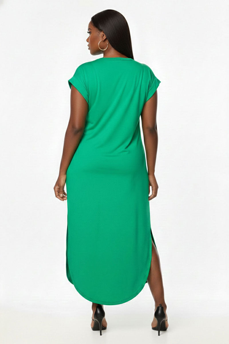 Plus Size Hidden Pocket Batwing Sleeve V Neck Long Dress