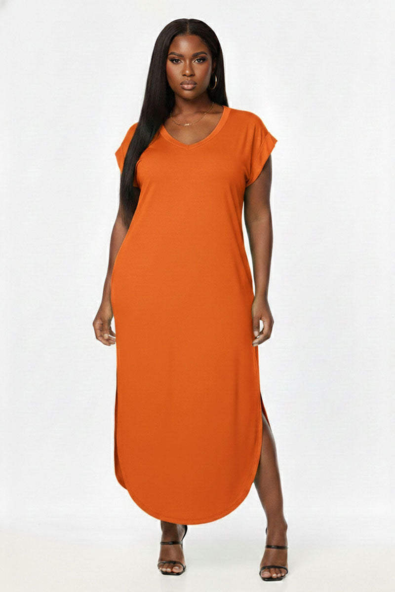 Plus Size Hidden Pocket Batwing Sleeve V Neck Long Dress