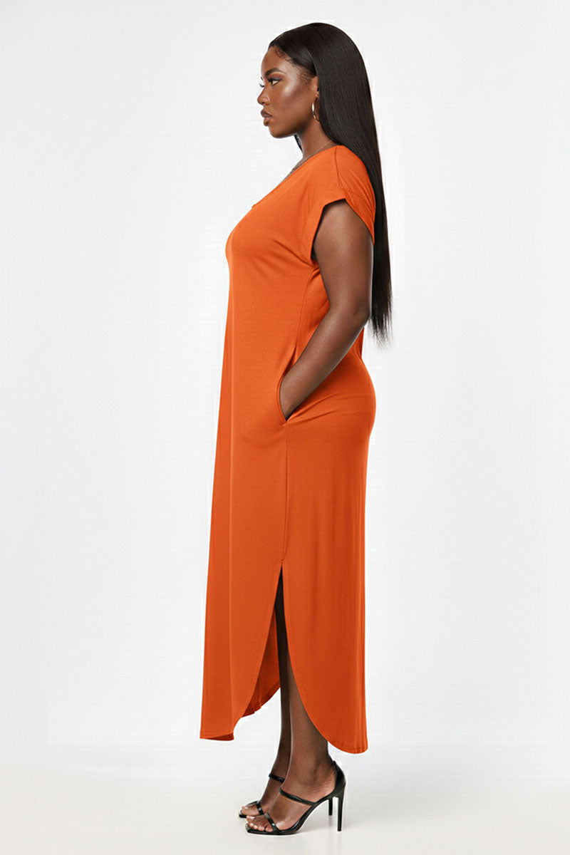 Plus Size Hidden Pocket Batwing Sleeve V Neck Long Dress