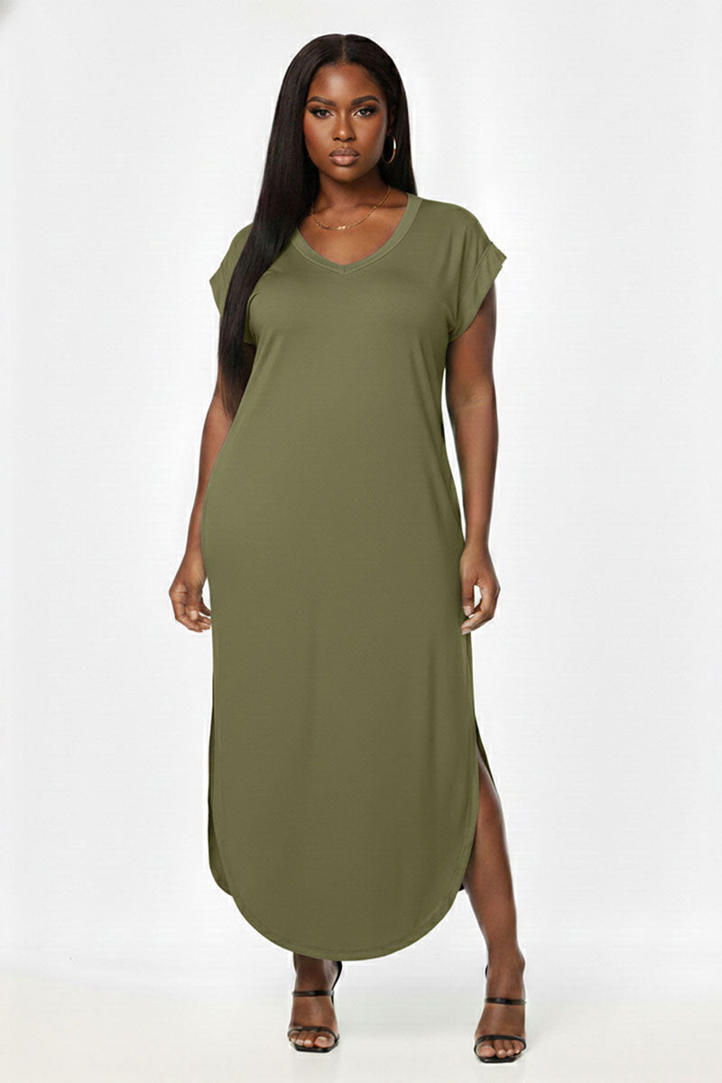Plus Size Hidden Pocket Batwing Sleeve V Neck Long Dress