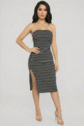Rib Knitted Striped Tube Side Ruched Slit Bodycon Midi Dress