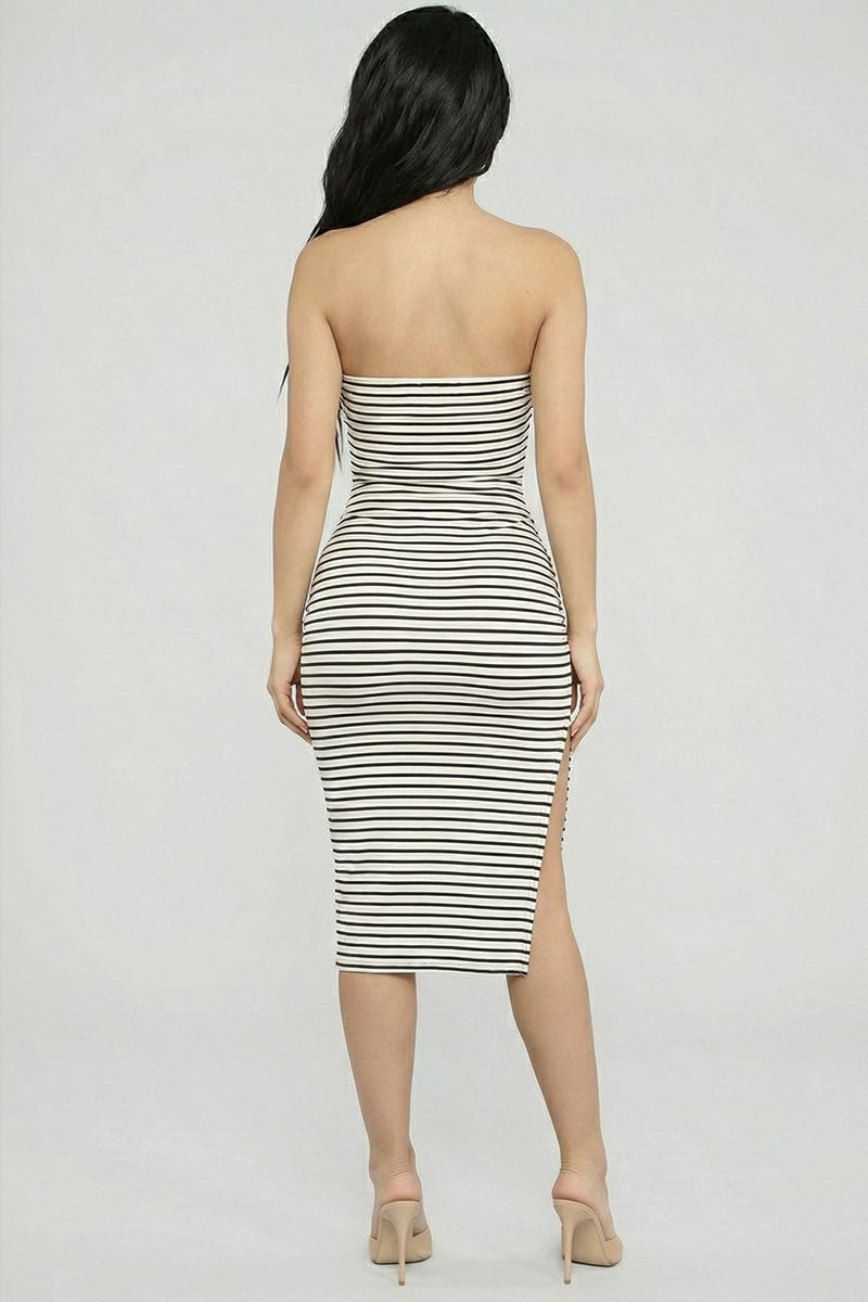 Rib Knitted Striped Tube Side Ruched Slit Bodycon Midi Dress