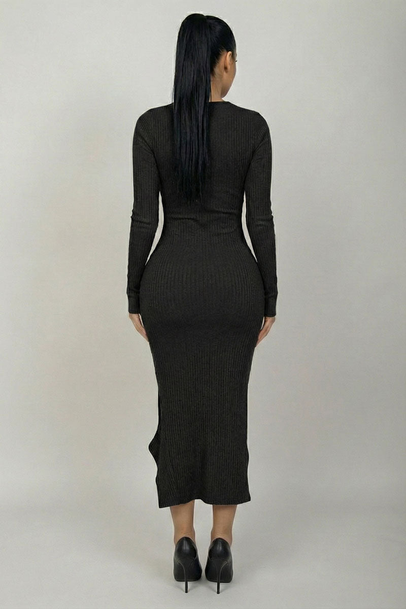 Long Sleeve Brushed Rib Asymmetrical Midi Dress