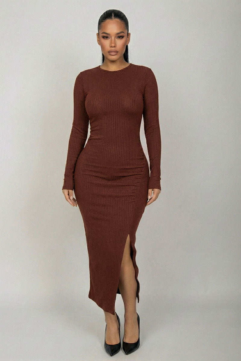 Long Sleeve Brushed Rib Asymmetrical Midi Dress