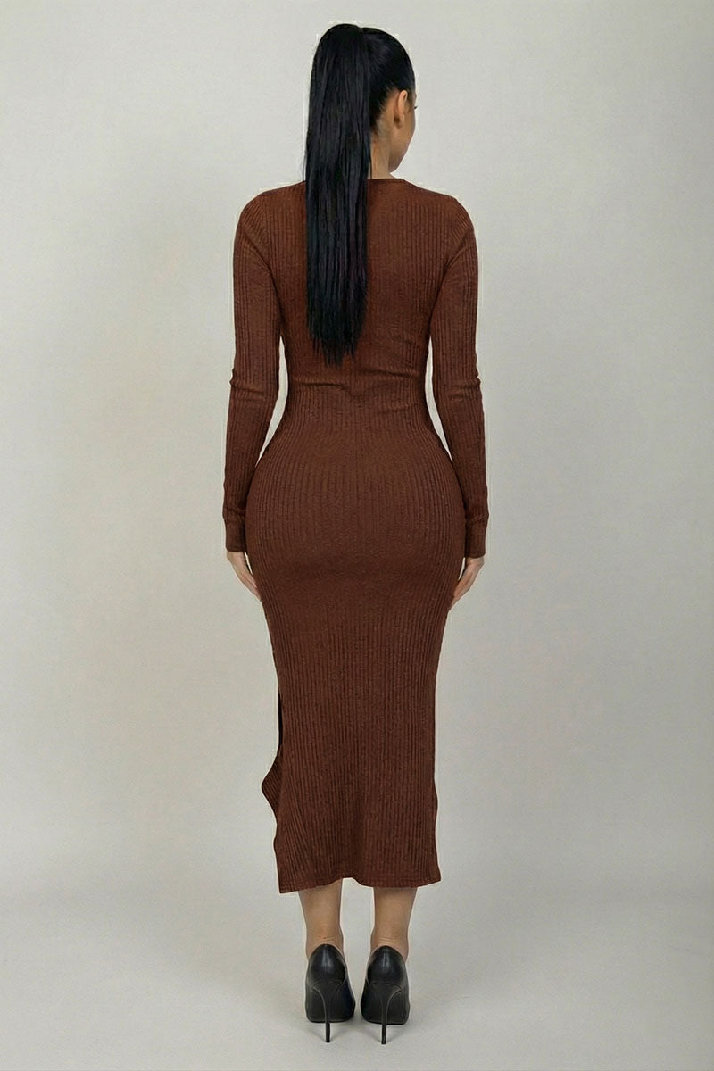 Long Sleeve Brushed Rib Asymmetrical Midi Dress