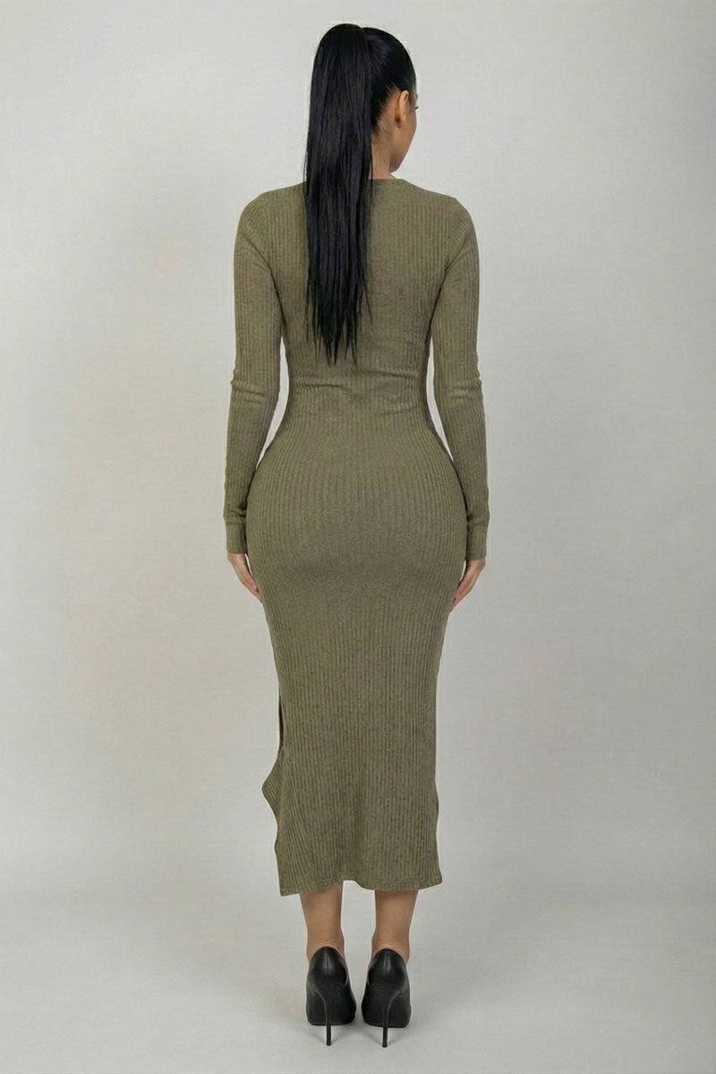 Long Sleeve Brushed Rib Asymmetrical Midi Dress