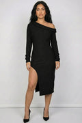 Luxe Ribbed Off-Shoulder Slit Midi Dress