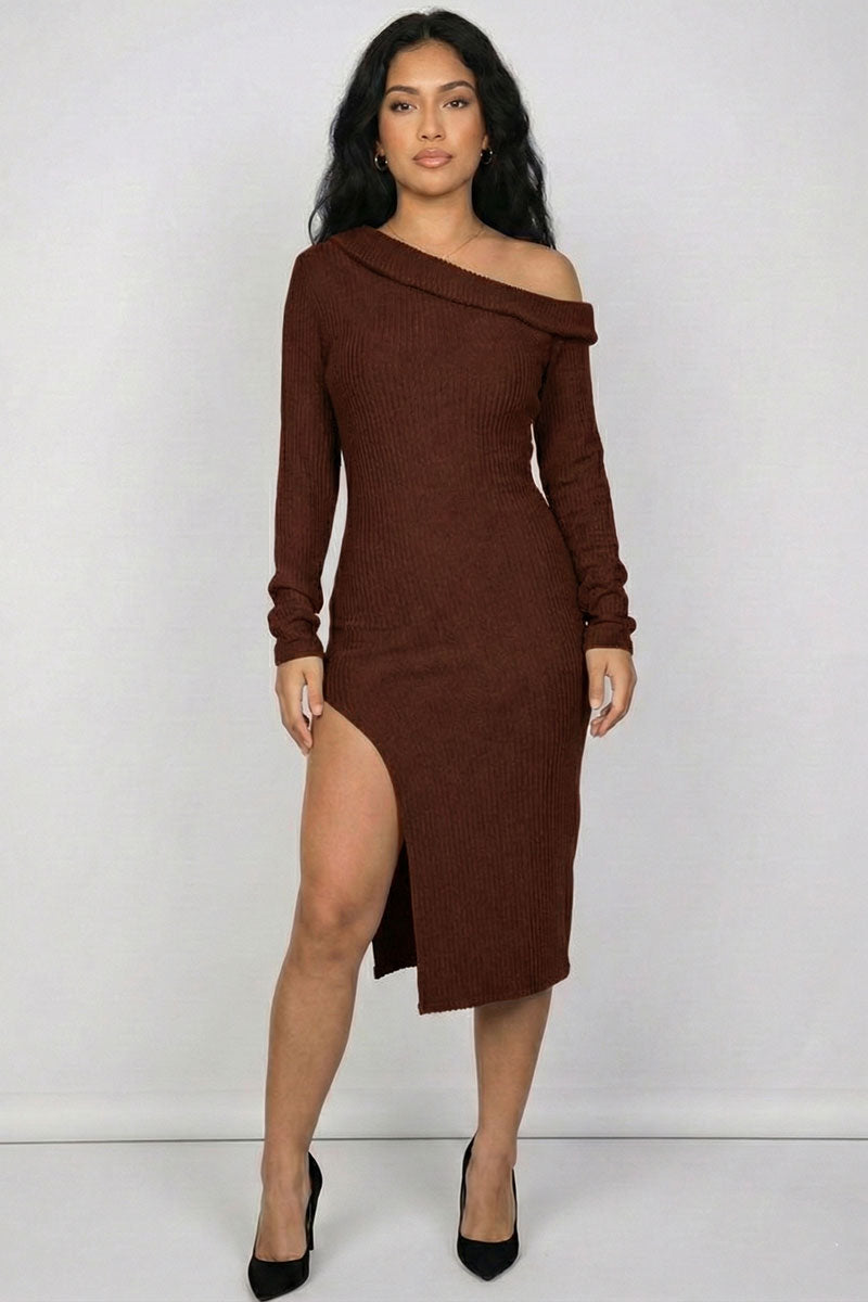 Luxe Ribbed Off-Shoulder Slit Midi Dress