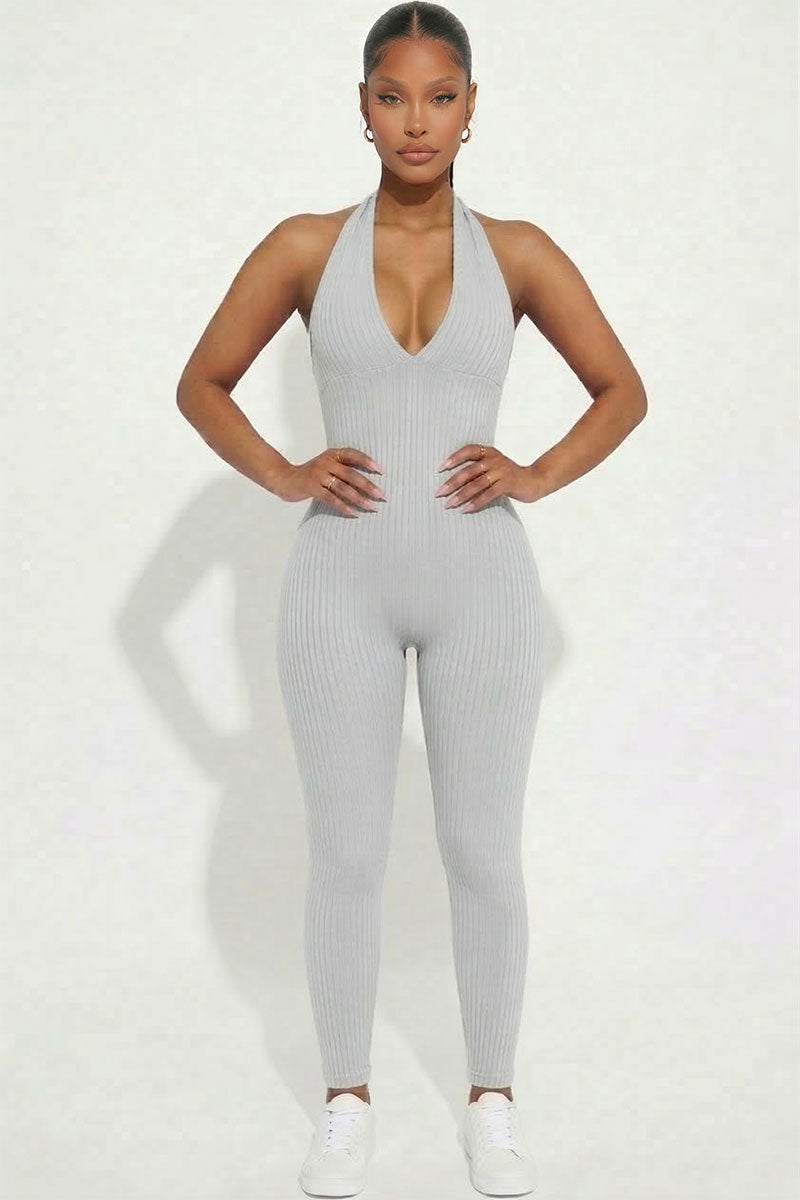 Halter V Neck Ribbed Bodycon Jumpsuit