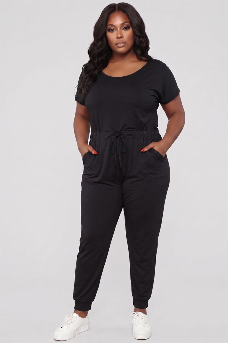 Plus Size Solid Drawstring Short Sleeve Jumpsuit
