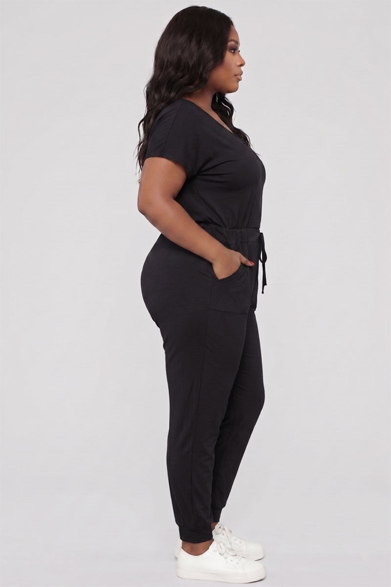 Plus Size Solid Drawstring Short Sleeve Jumpsuit