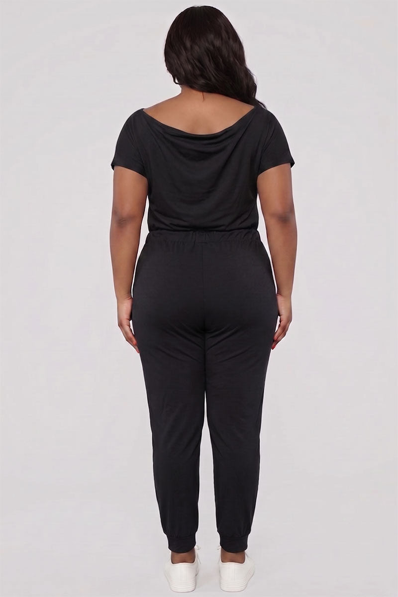 Plus Size Solid Drawstring Short Sleeve Jumpsuit