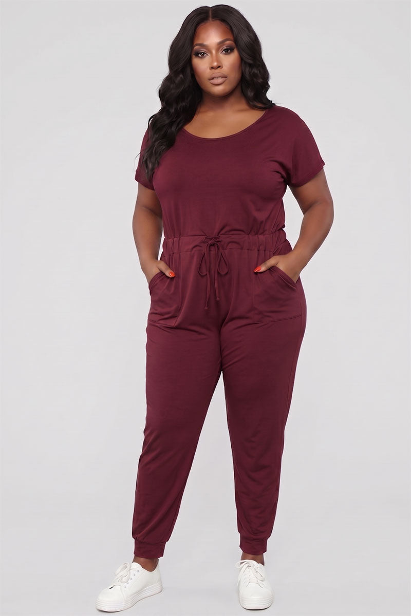 Plus Size Solid Drawstring Short Sleeve Jumpsuit