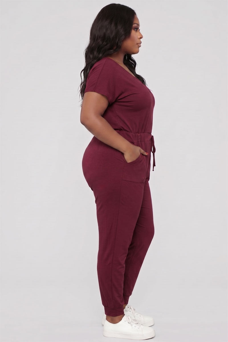 Plus Size Solid Drawstring Short Sleeve Jumpsuit