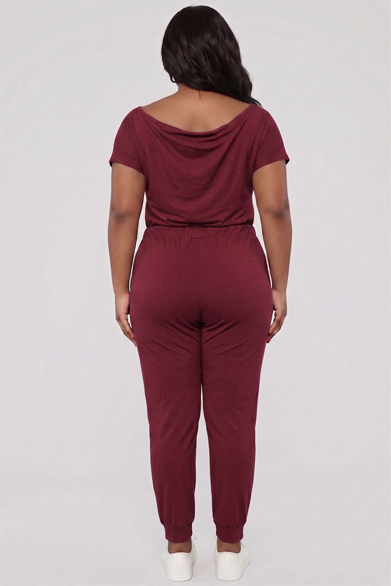 Plus Size Solid Drawstring Short Sleeve Jumpsuit