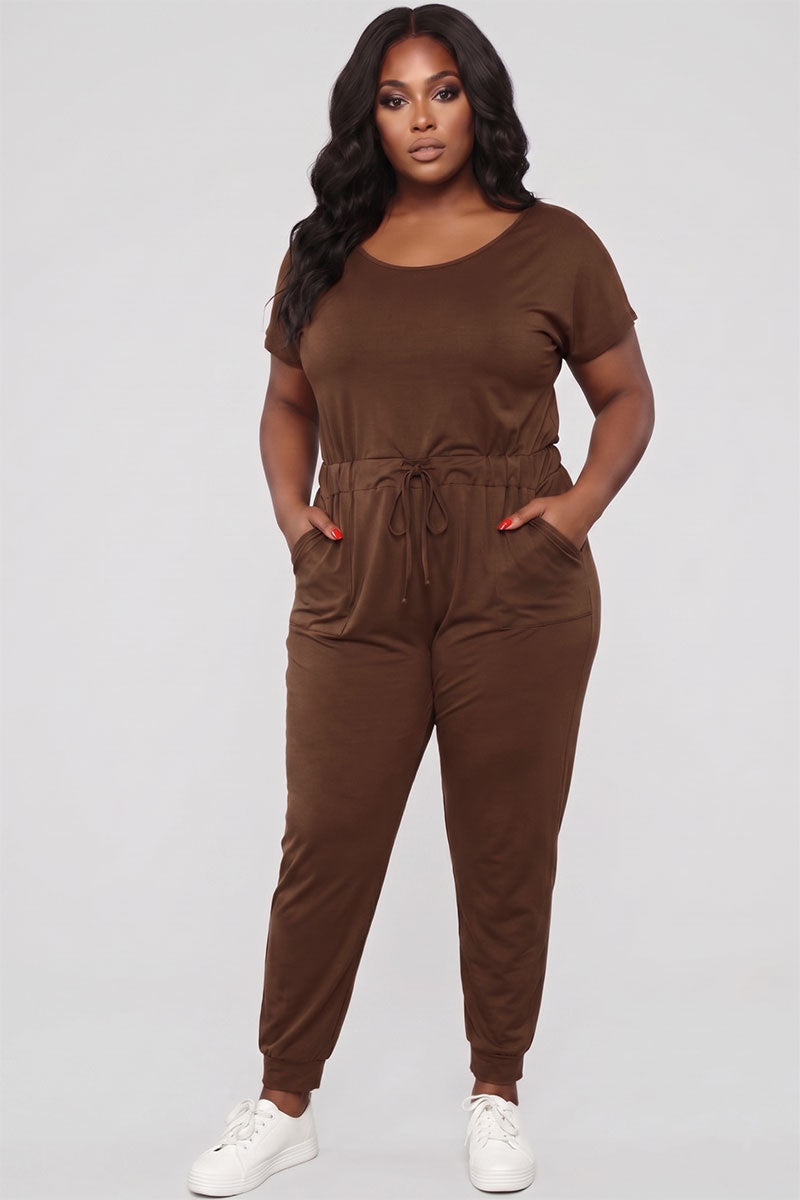 Plus Size Solid Drawstring Short Sleeve Jumpsuit