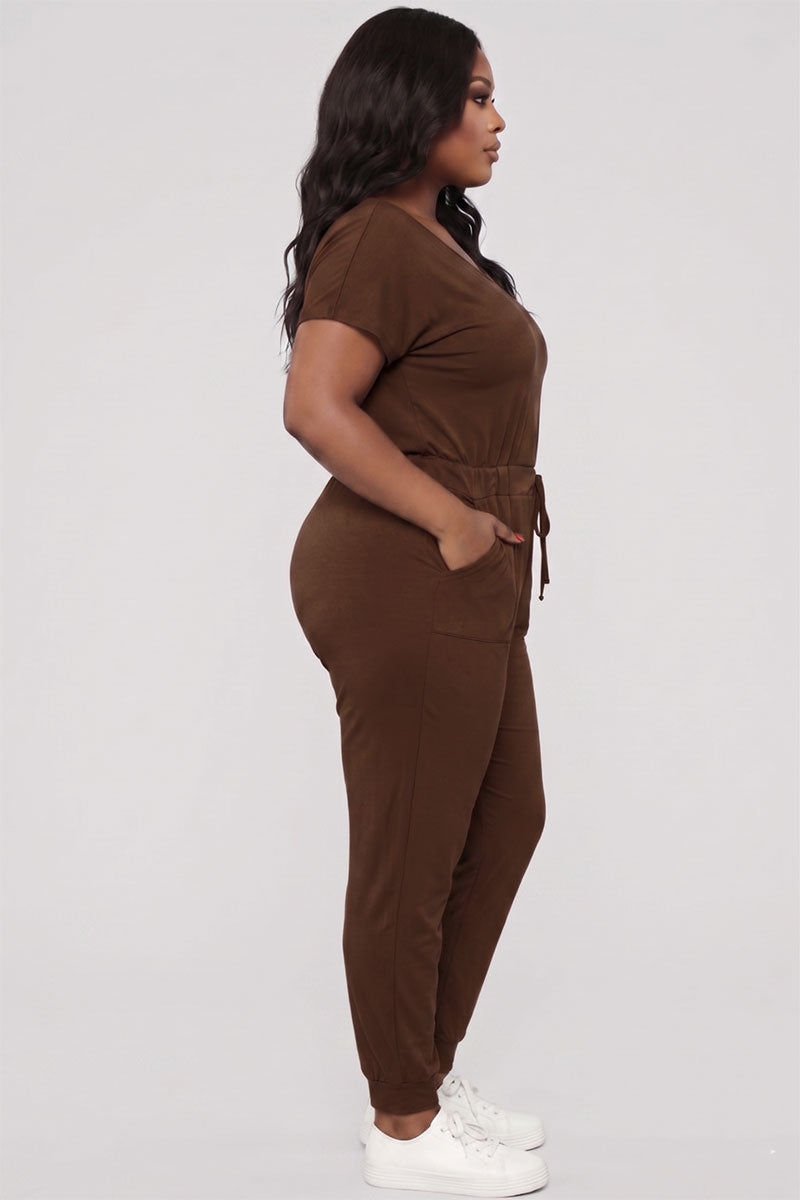 Plus Size Solid Drawstring Short Sleeve Jumpsuit