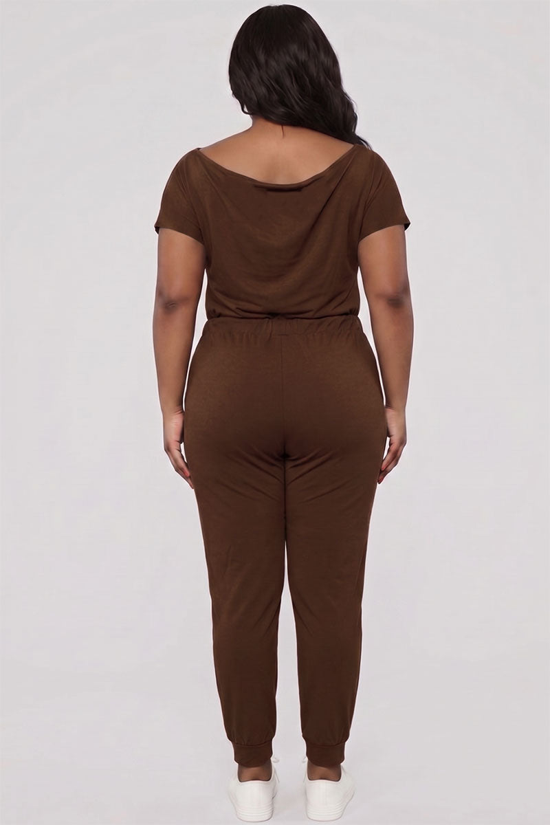 Plus Size Solid Drawstring Short Sleeve Jumpsuit